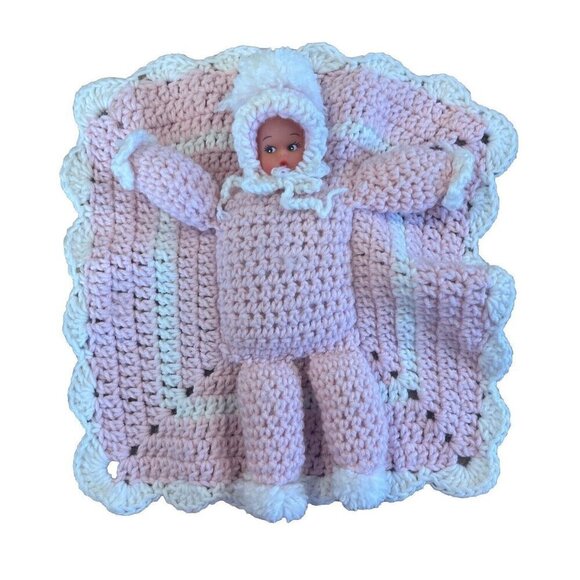Vintage Crocheted Baby Doll In Blanket Pink and White Rubber Face Hands - Picture 1 of 7